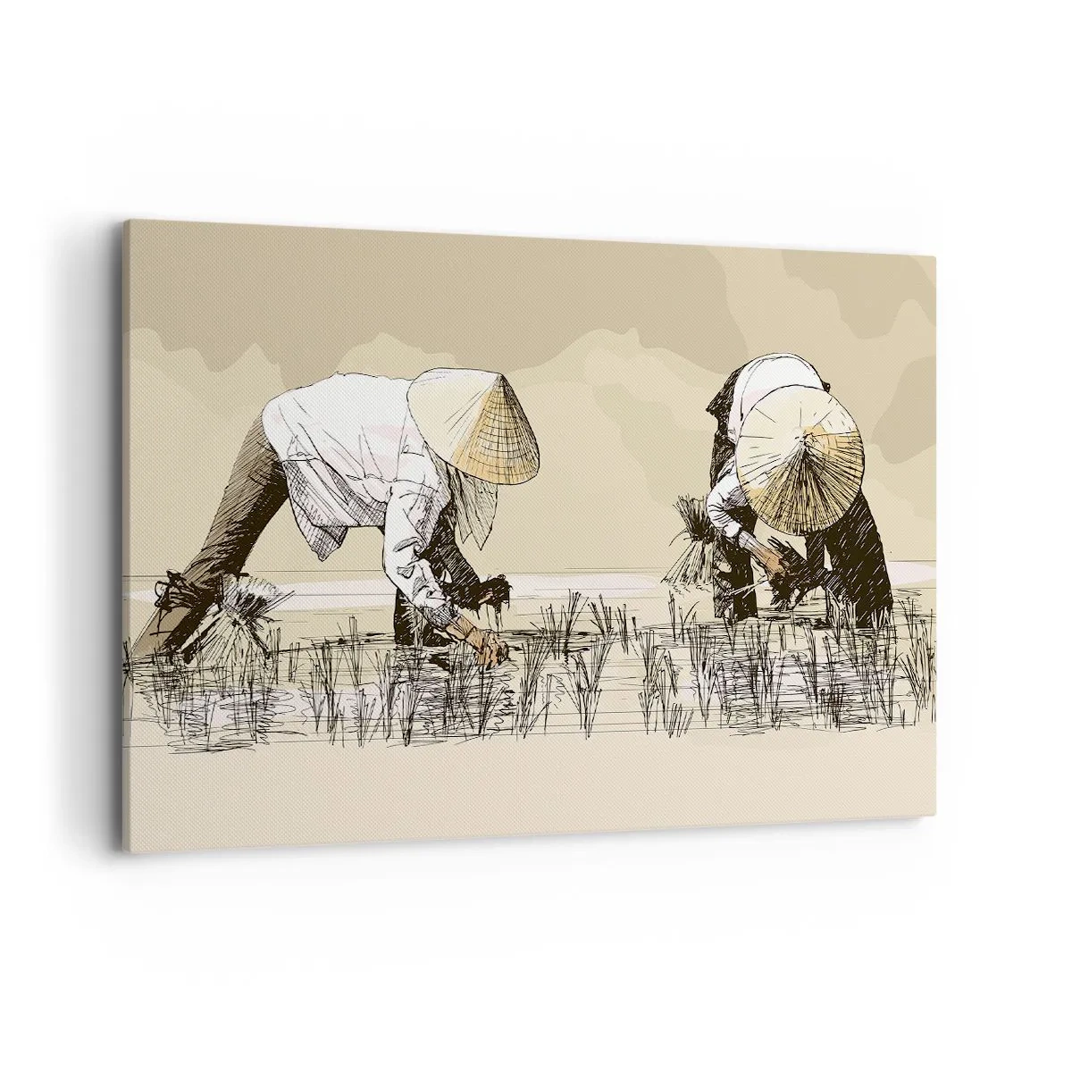 Quadro su tela - Stampe su Tela - Contadini che lavorano in una risaia indossando copricapi tradizionali - 100x70cm - Buon raccolto - Decorazione murale moderna per soggiorno e camera da letto ARTTOR