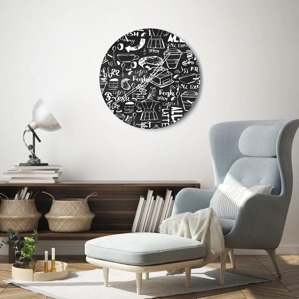 Orologio da parete - Orologio in Vetro - Motivo del caffè nello stile di un disegno a gesso su sfondo nero - 30x30cm - All you need is… - Decorazione murale moderna per soggiorno, cucina e camera da letto ARTTOR