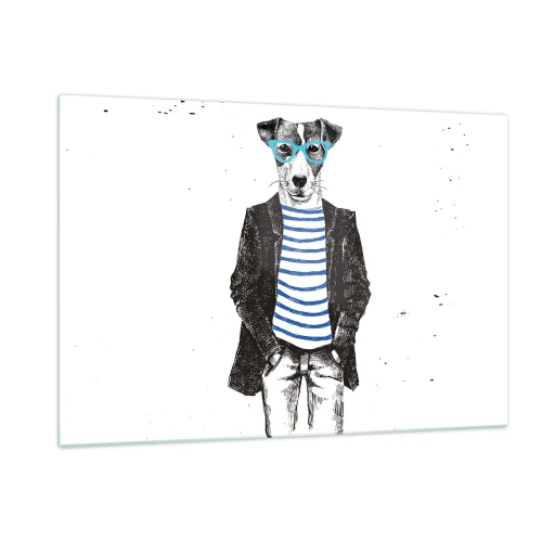 Quadro su vetro - Illustrazione di un cane che indossa una camicia da marinaio e occhiali su uno sfondo bianco - 120x80cm - Incantesimo sul cane - Decorazione murale moderna per soggiorno e camera da letto ARTTOR