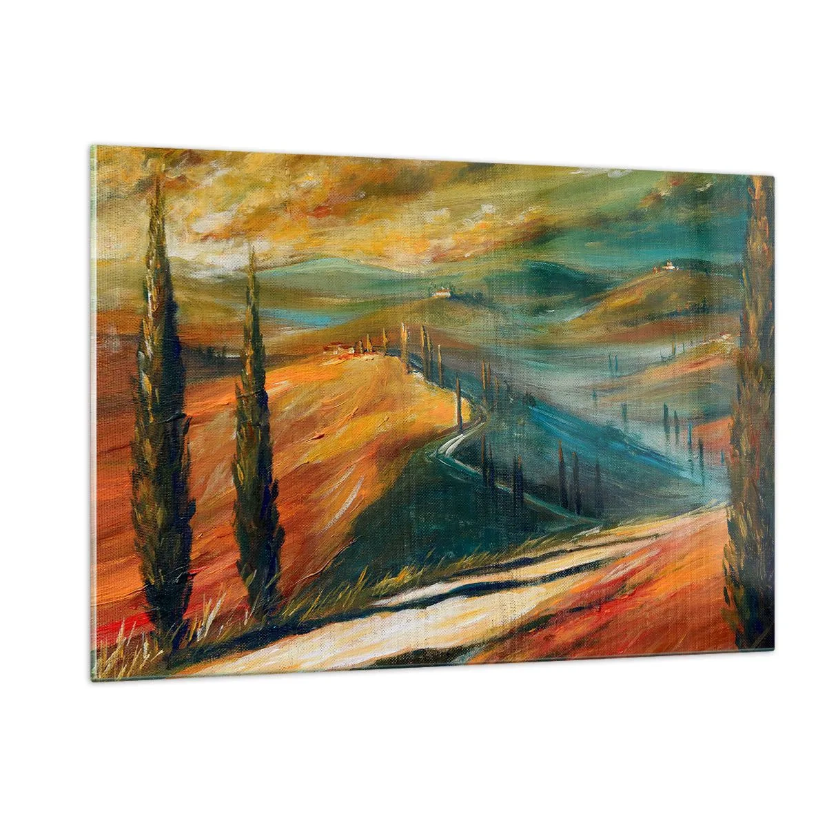 Quadro su vetro - Tramonto su una collina toscana - 120x80cm - Paesaggio toscano - Decorazione murale moderna per soggiorno e camera da letto ARTTOR