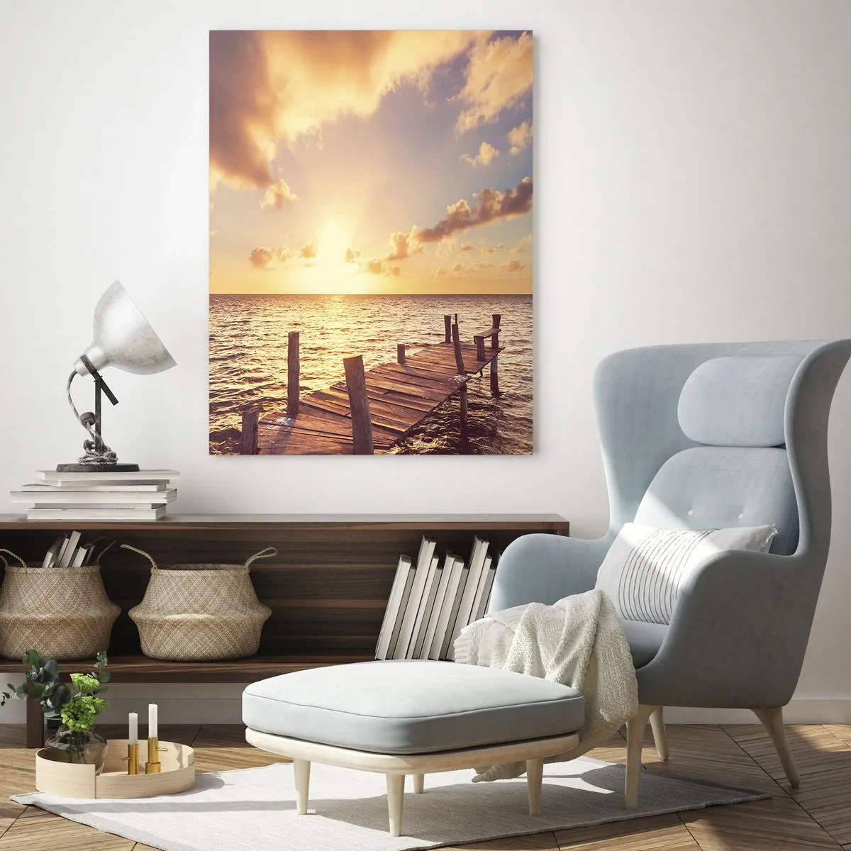 Quadro su vetro - Un molo di legno che conduce verso il tramonto - 70x100cm - Il paese dorato della mitezza - Decorazione murale moderna per soggiorno e camera da letto ARTTOR
