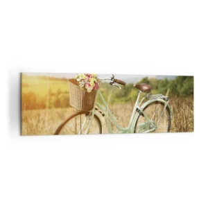 Quadro su tela - Stampe su Tela - Una bicicletta retrò con un cesto pieno di fiori sullo sfondo di un prato. - 160x50cm - Resto qui un attimo - Decorazione murale moderna per soggiorno e camera da letto ARTTOR