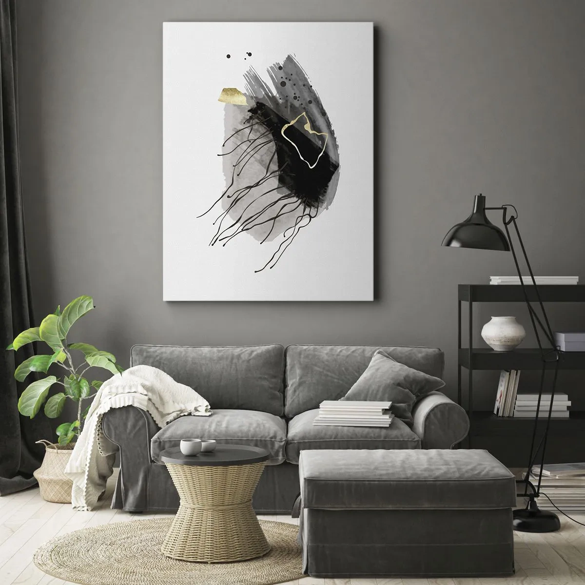Quadro su tela - Stampe su Tela - Una composizione astratta con accenti di nero e oro. - 50x70cm - In nero e in oro - Decorazione murale moderna per soggiorno e camera da letto ARTTOR