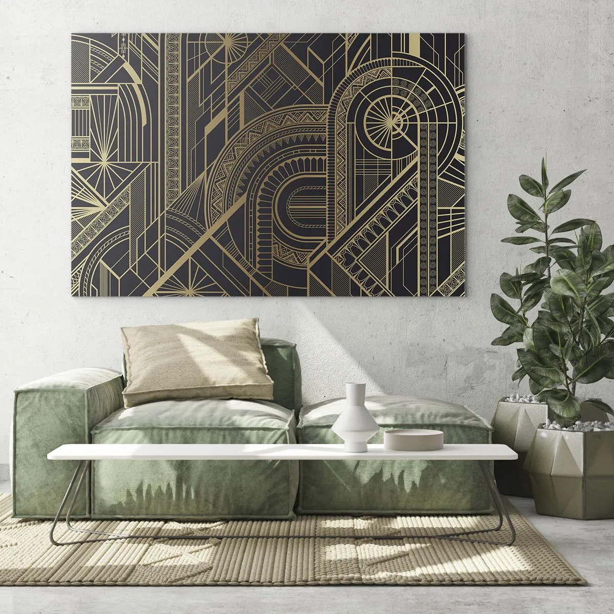 Quadro su vetro - Motivo geometrico Art Déco in oro e nero - 70x50cm - Concetti, idee, progetti - Decorazione murale moderna per soggiorno e camera da letto ARTTOR