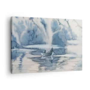 Quadro su tela - Stampe su Tela - Paesaggio ad acquerello con barche su un lago circondato da una foresta nebbiosa - 70x50cm - I pescatori nel loro paradiso - Decorazione murale moderna per soggiorno e camera da letto ARTTOR