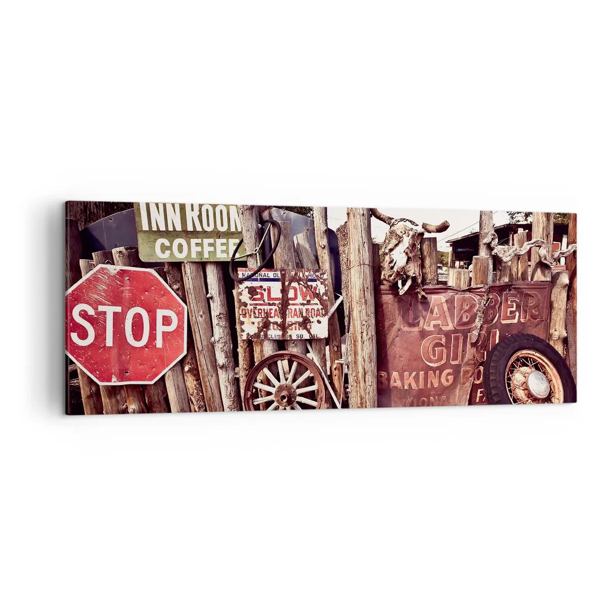 Quadro su tela - Stampe su Tela - Decorazioni rustiche con cartelli e una ruota sulla recinzione - 140x50cm - E il tempo si è fermato - Decorazione murale moderna per soggiorno e camera da letto ARTTOR