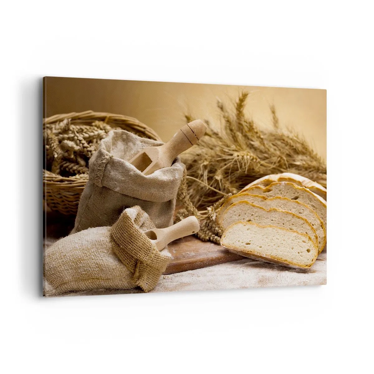 Quadro su tela - Stampe su Tela - Paesaggio con pane, farina e spighe di grano in stile rustico. - 100x70cm - Tagliato dal coltello - Decorazione murale moderna per soggiorno e camera da letto ARTTOR