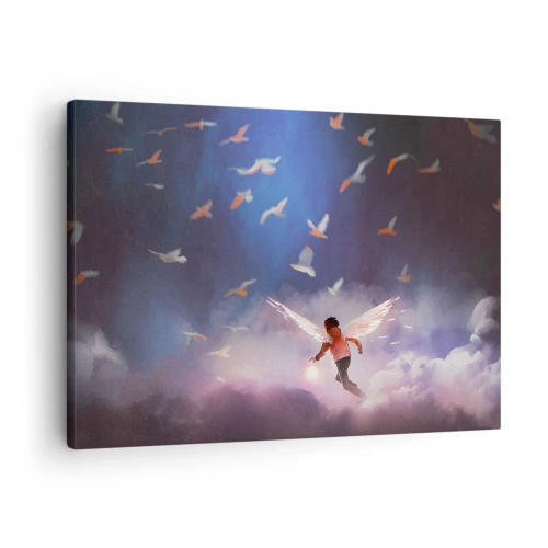 Quadro su tela - Stampe su Tela - Una figura con ali d'angelo che fluttua tra gli uccelli nel cielo - 70x50cm - Bisogna avere fantasia e coraggio - Decorazione murale moderna per soggiorno e camera da letto ARTTOR