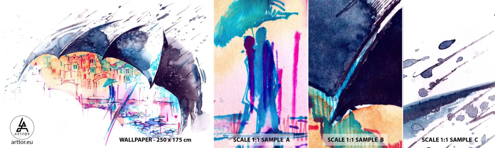 Campione Di Fotomurale Standard Eco - Passeggiata sotto la pioggia - Astrazione, Ombrello, Architettura - 100x30 cm