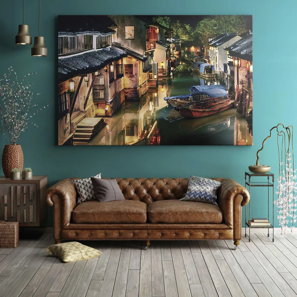 Quadro su tela - Stampe su Tela - Vista notturna dei canali con barche e case tradizionali - 120x80cm - Sera in una via cinese - Decorazione murale moderna per soggiorno e camera da letto ARTTOR