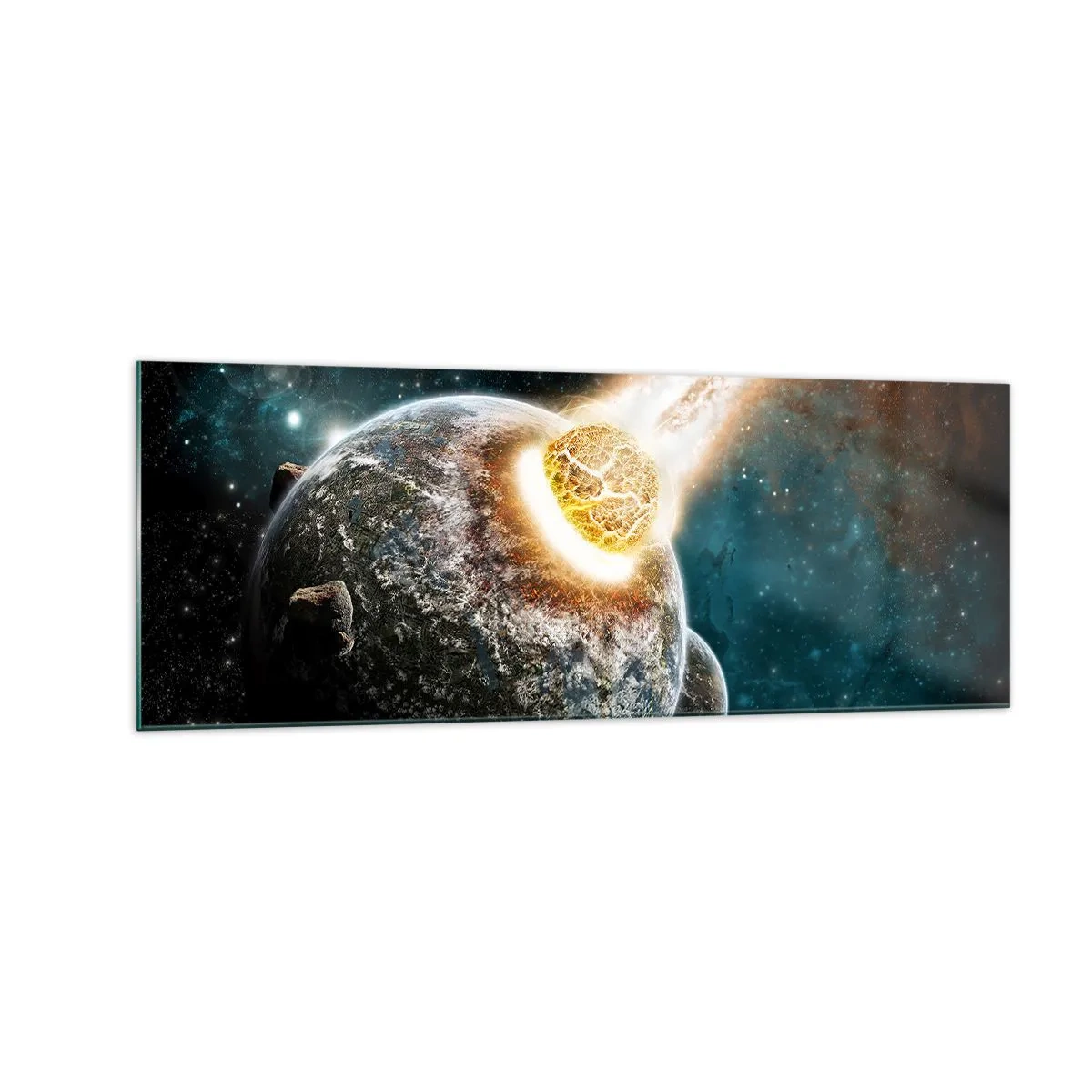 Quadro su vetro - Collisione cosmica di un pianeta con un asteroide nelle vicinanze della galassia. - 140x50cm - Estinzione o nascita? - Decorazione murale moderna per soggiorno e camera da letto ARTTOR