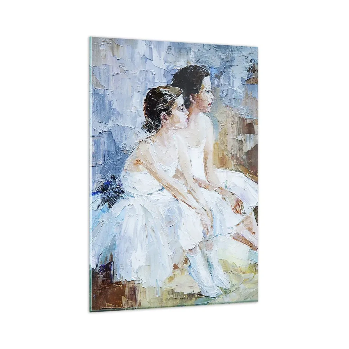 Quadro su vetro - Due ballerine in abiti bianchi si rilassano su uno sfondo pastello. - 80x120cm - Il riposo dei giovani cigni - Decorazione murale moderna per soggiorno e camera da letto ARTTOR
