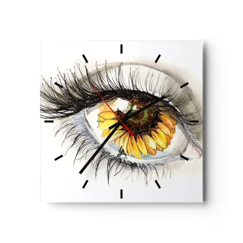 Orologio da parete - Orologio in Vetro - Occhio artistico con iride a forma di girasole - 30x30cm - Uno sguardo caldo come l'estate - Decorazione murale moderna per soggiorno e camera da letto ARTTOR