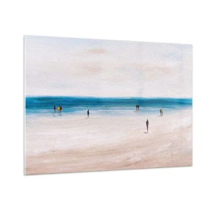 Quadro su vetro - Una spiaggia tranquilla con sagome di persone che camminano lungo la linea del mare - 100x70cm - Un bisogno naturale - Decorazione murale moderna per soggiorno e camera da letto ARTTOR