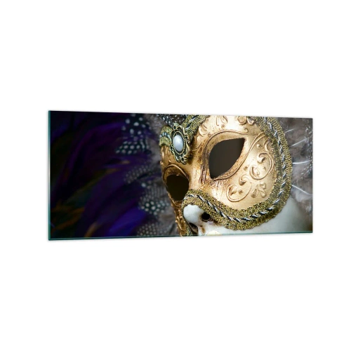 Quadro su vetro - Maschera veneziana dorata con piume decorative e ornamenti - 120x50cm - Ritratto di Venezia in oro - Decorazione murale moderna per soggiorno e camera da letto ARTTOR
