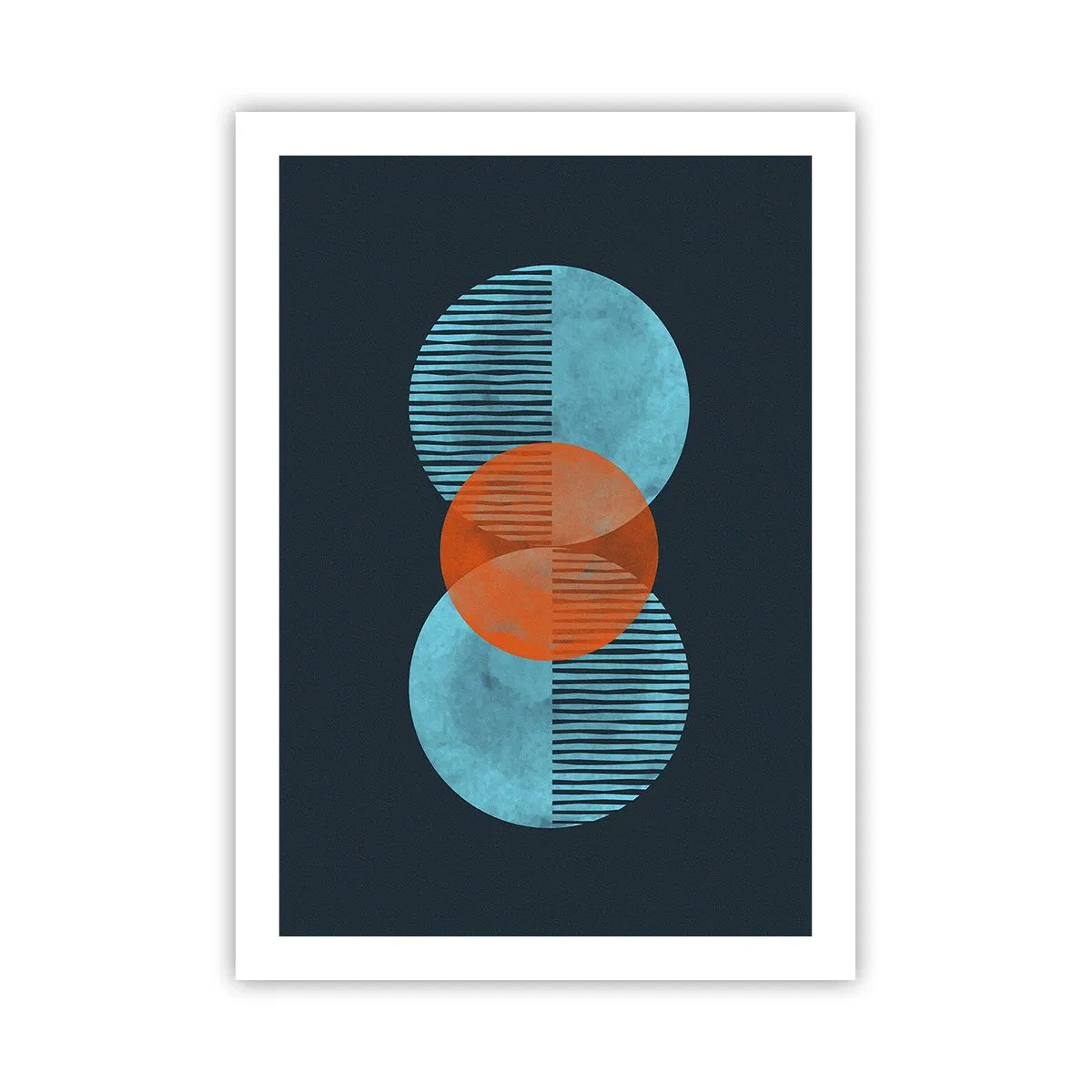 Poster - Cerchi simmetrici nei toni del blu e dell'arancione con linee - 50x70cm - Composizione simmetrica - Decorazione murale moderna per soggiorno e camera da letto ARTTOR