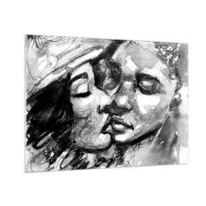 Quadro su vetro - Schizzo in bianco e nero di un tenero bacio - 70x50cm - Un attimo di tenerezza - Decorazione murale moderna per soggiorno e camera da letto ARTTOR