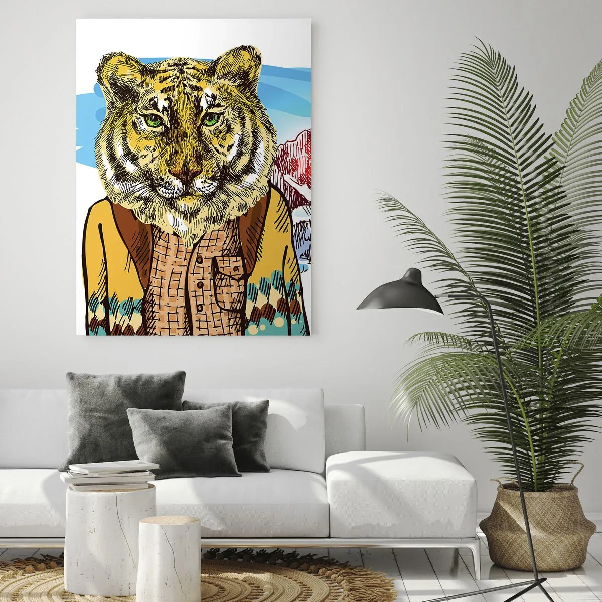 Quadro su vetro - Una tigre con un gilet sullo sfondo di un paesaggio montano - 50x70cm - Non così selvaggia come la si dipinge - Decorazione murale moderna per soggiorno e camera da letto ARTTOR