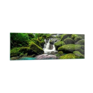 Quadro su vetro - Una cascata tropicale circondata dal verde e dall'acqua turchese - 160x50cm - Turchese, zaffiro e argento liquido - Decorazione murale moderna per soggiorno e camera da letto ARTTOR