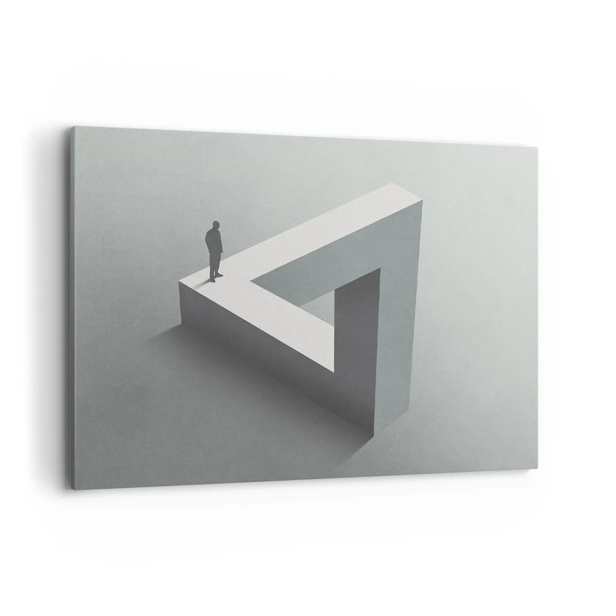 Quadro su tela - Stampe su Tela - Una figura in piedi su un triangolo di Penrose in tonalità di grigio. - 100x70cm - Eppure è possibile - Decorazione murale moderna per soggiorno e camera da letto ARTTOR