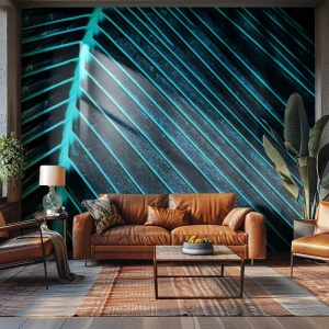 Fotomurali Premium Sand - Primo piano di una foglia di palma in fredde tonalità di verde - 100x70cm - La struttura del verde - Decorazione murale moderna per soggiorno e camera da letto ARTTOR