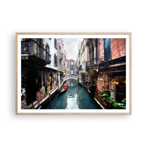Poster in cornice rovere chiaro - Paesaggio veneziano con gondola e ponte - 100x70 cm