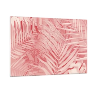 Quadro su vetro - Foglie tropicali rosa in una composizione moderna - 120x80cm - Concetto rosa - Decorazione murale moderna per soggiorno e camera da letto ARTTOR