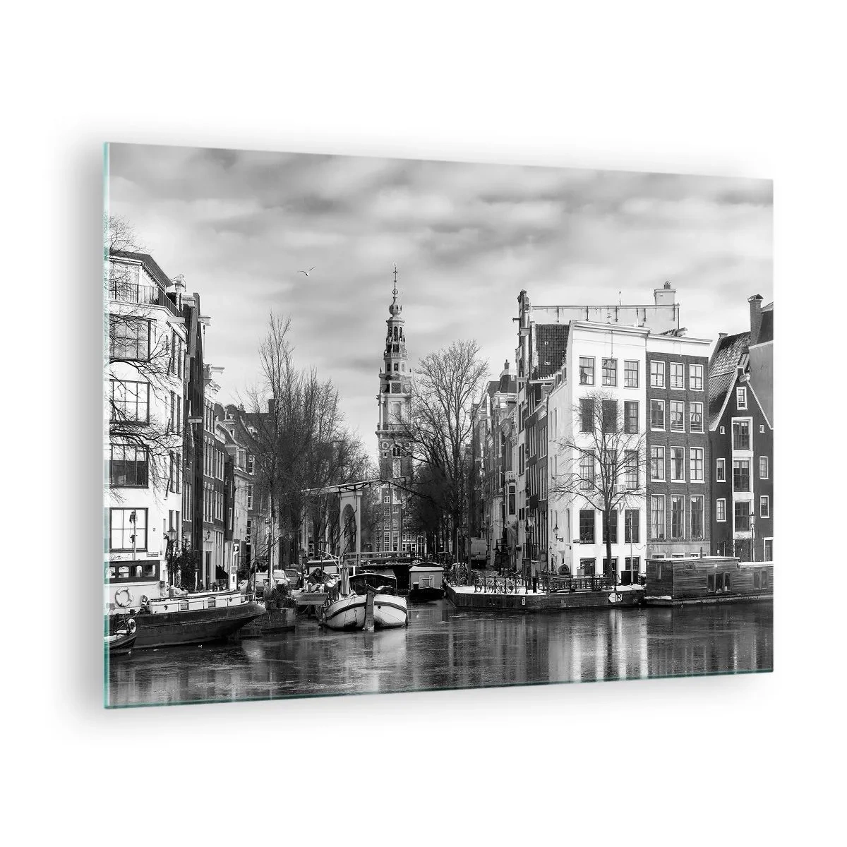 Quadro su vetro - Vista in bianco e nero di un canale di Amsterdam - 70x50cm - Atmosfera di Amsterdam - Decorazione murale moderna per soggiorno e camera da letto ARTTOR