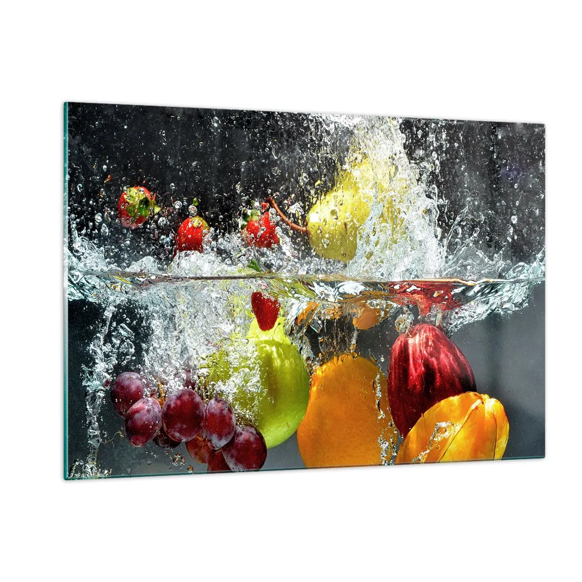 Quadro su vetro - Frutta immersa nell'acqua con schizzi dinamici - 120x80cm - Frutta rinfrescante - Decorazione murale moderna per soggiorno e camera da letto ARTTOR
