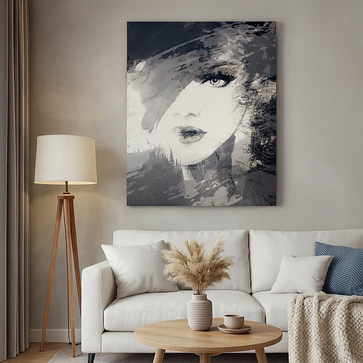 Quadro su tela - Stampe su Tela - Un ritratto astratto di una donna in tonalità di grigio con delicati accenti. - 50x70cm - Dietro un velo grigio - Decorazione murale moderna per soggiorno e camera da letto ARTTOR