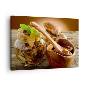 Quadro su tela - Stampe su Tela - Funghi naturali in un barattolo su un tavolo rustico - 70x50cm - Freschi, conservati, autunnali... - Decorazione murale moderna per soggiorno e camera da letto ARTTOR