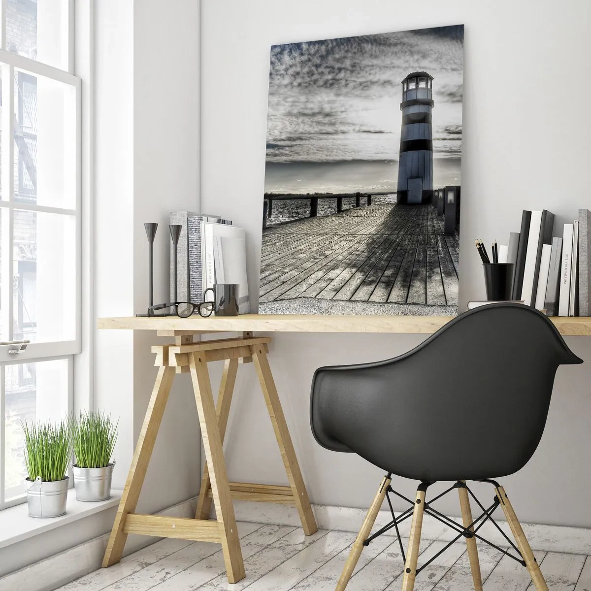 Quadro su vetro - Faro su un molo di legno con vista sul mare. - 70x100cm - Marinai, vi aspettiamo - Decorazione murale moderna per soggiorno e camera da letto ARTTOR