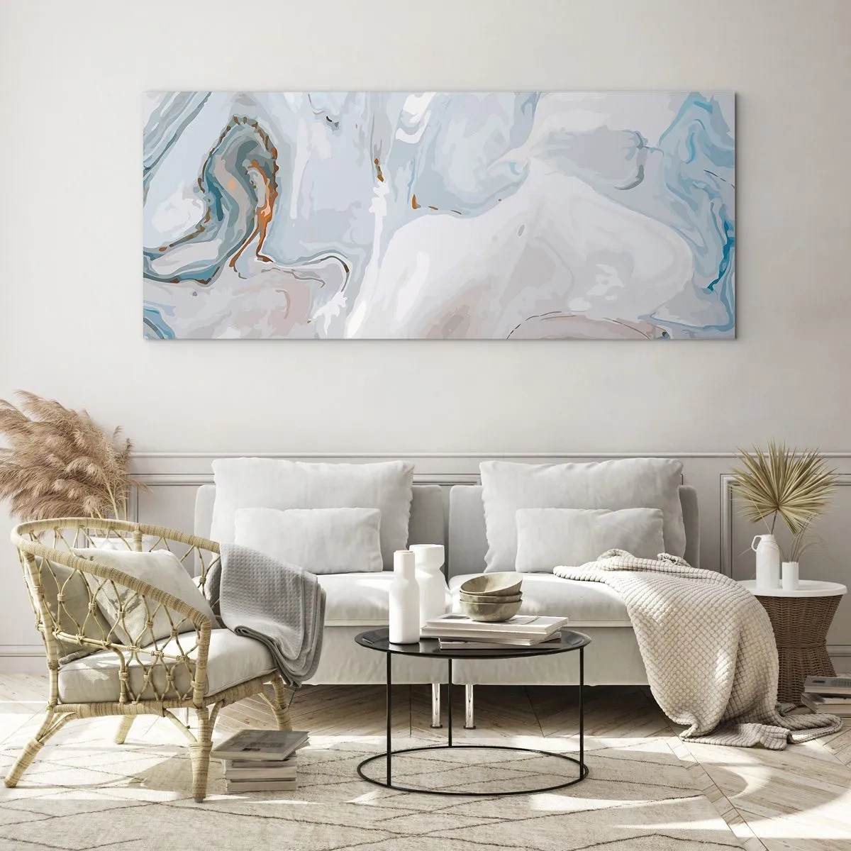Quadro su vetro - Onde astratte nei toni del blu e del bianco - 140x50cm - Bianchi sovrapposti - Decorazione murale moderna per soggiorno e camera da letto ARTTOR