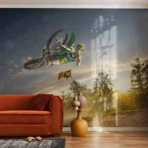 Fotomurali Premium Sand - Salto in aria con motocross sullo sfondo di un tramonto - 100x70cm - Accendi le emozioni! - Decorazione murale moderna per soggiorno e camera da letto ARTTOR