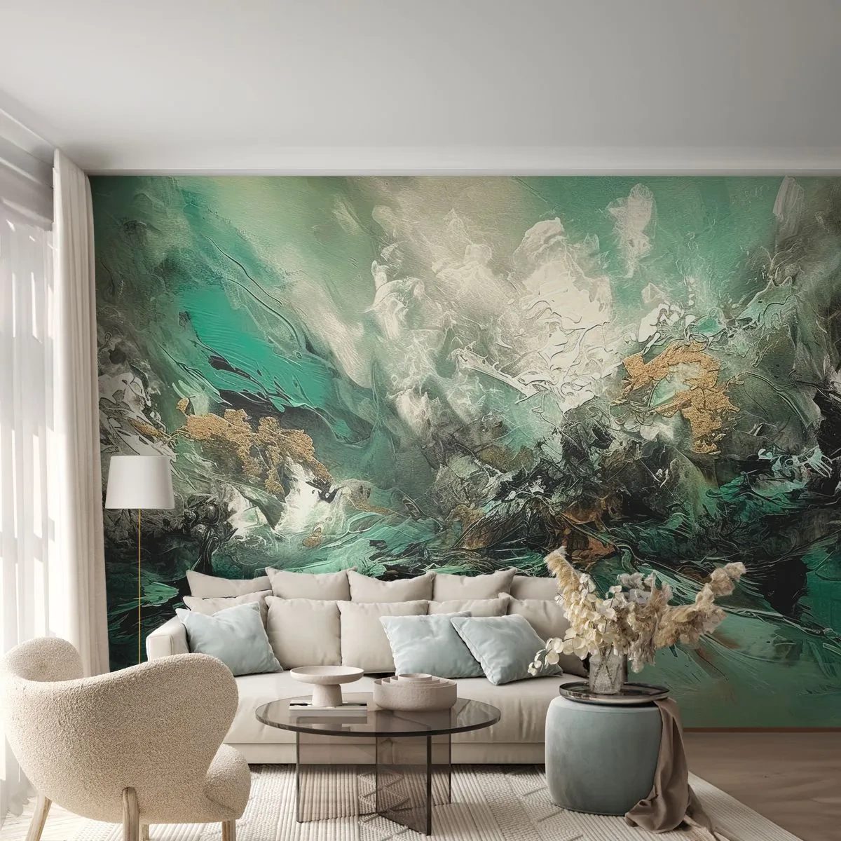 Fotomurali Premium Canvas - Frangente nero e smeraldo - Astrazione, Pezzo, Colore - 450x315 cm