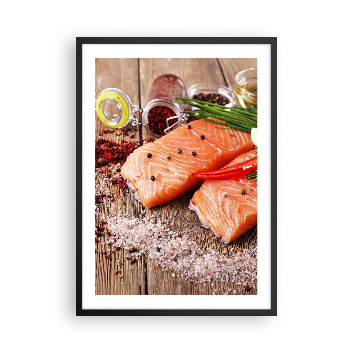 Poster in cornice nera - Filetti di salmone con spezie su fondo rustico - 50x70cm - Avventura norvegese in cucina - Decorazione murale moderna per soggiorno e camera da letto ARTTOR