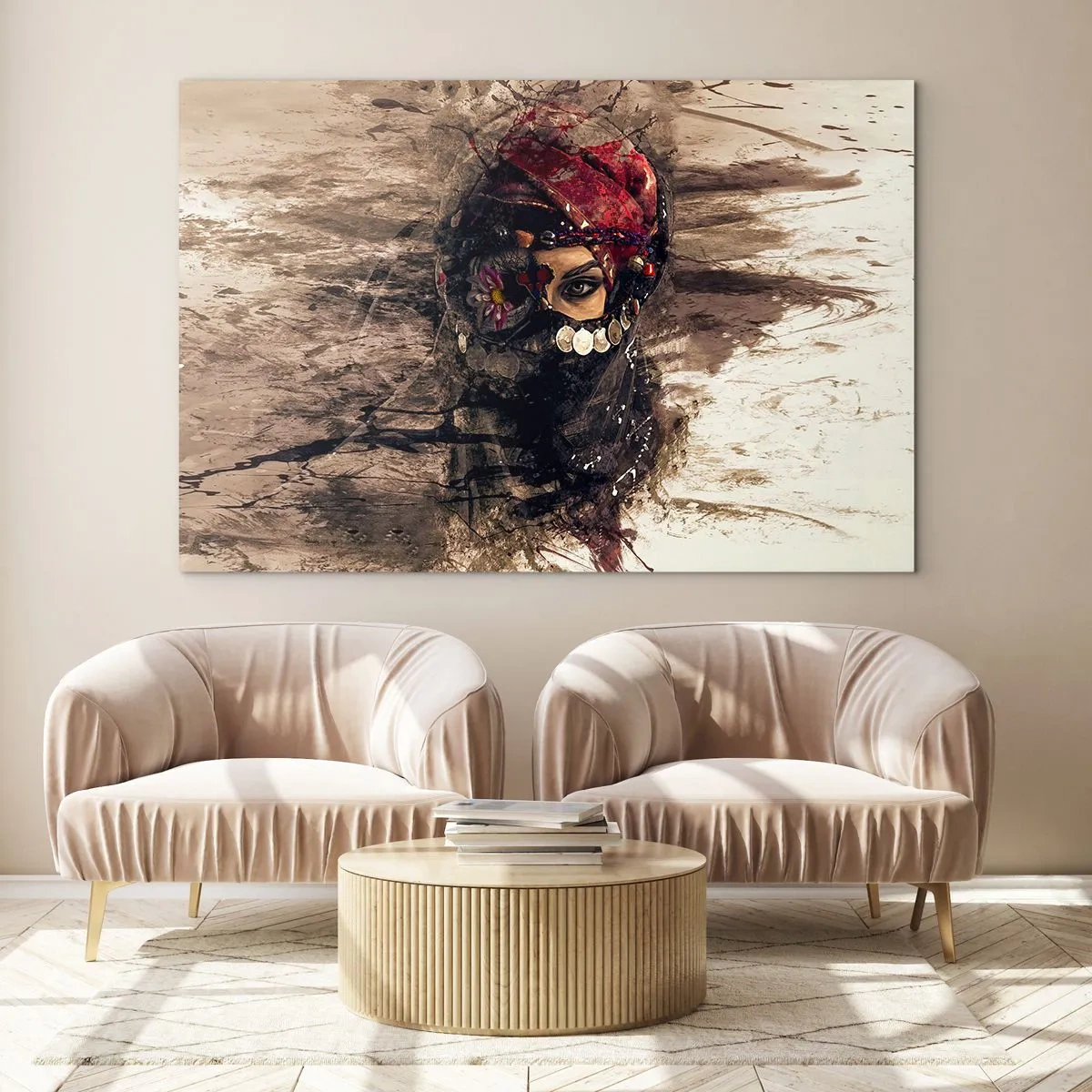 Quadro su vetro - Ritratto di una donna misteriosa con un turbante rosso - 70x50cm - Quantomeno inquietante - Decorazione murale moderna per soggiorno e camera da letto ARTTOR