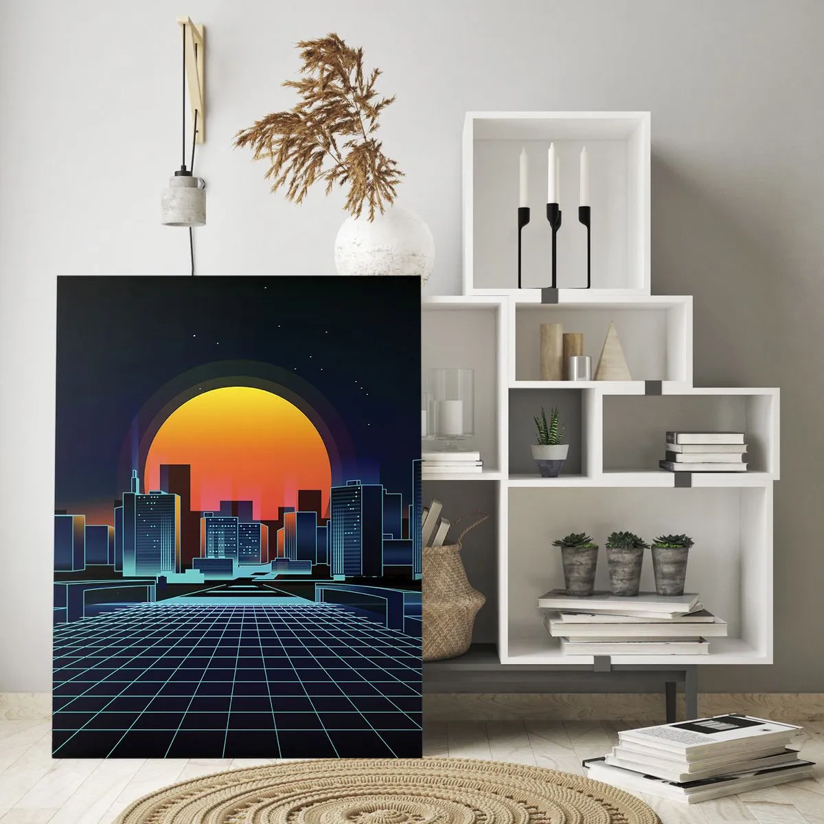 Quadro su vetro - Skyline futuristico della città in stile neon - 70x100cm - Davvero vuoi tornare al mondo reale? - Decorazione murale moderna per soggiorno e camera da letto ARTTOR