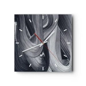 Orologio da parete - Orologio in Vetro - Astrazione in bianco e nero con pennellate dinamiche. - 30x30cm - La fluidità della realtà - Decorazione murale moderna per soggiorno e camera da letto ARTTOR