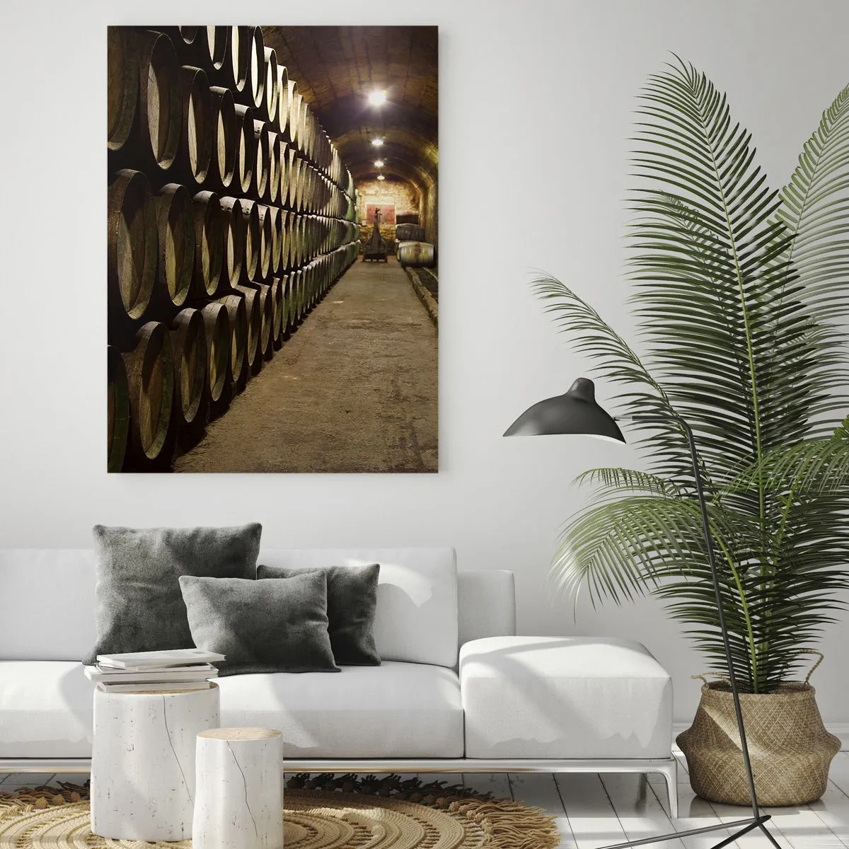 Quadro su vetro - Una cantina con botti di legno per il vino disposte in file - 70x100cm - È bene riposare - Decorazione murale moderna per soggiorno e camera da letto ARTTOR