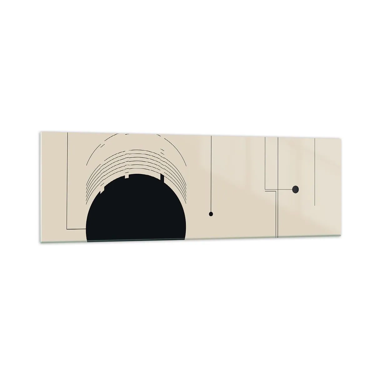 Quadro su vetro - Linee geometriche nere e un cerchio su uno sfondo beige - 160x50cm - Composizione elastica e dinamica - Decorazione murale moderna per soggiorno e camera da letto ARTTOR
