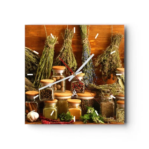 Orologio da parete - Orologio in Vetro - Erbe e spezie in barattoli su uno sfondo rustico - 30x30cm - Magie di cucina - Decorazione murale moderna per soggiorno e camera da letto ARTTOR