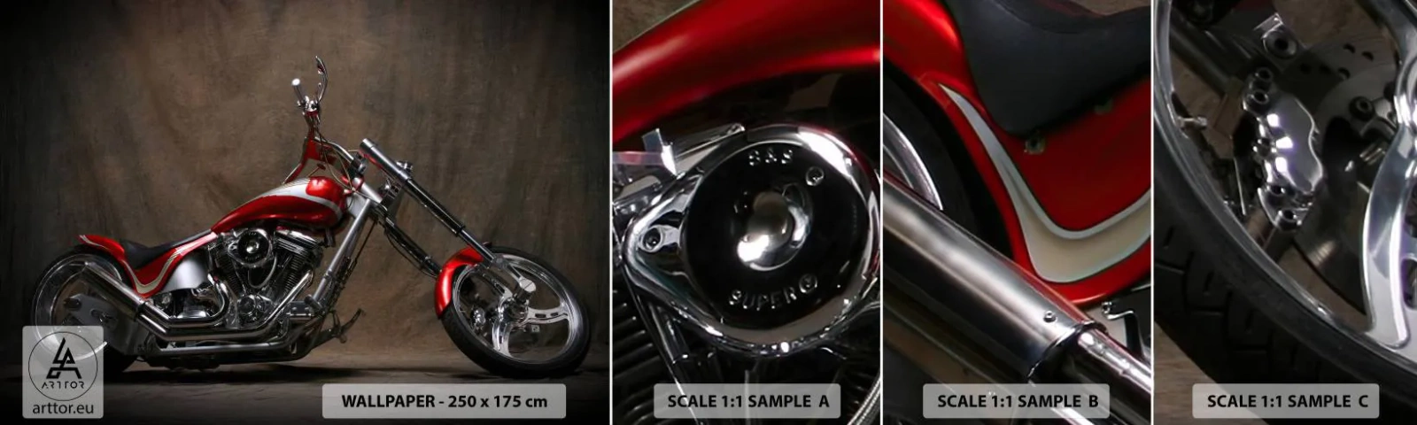 Campione Di Fotomurale Standard Eco - Bellezza in rosso e argento - Moto, Chopper, Settore automobilistico - 100x30 cm