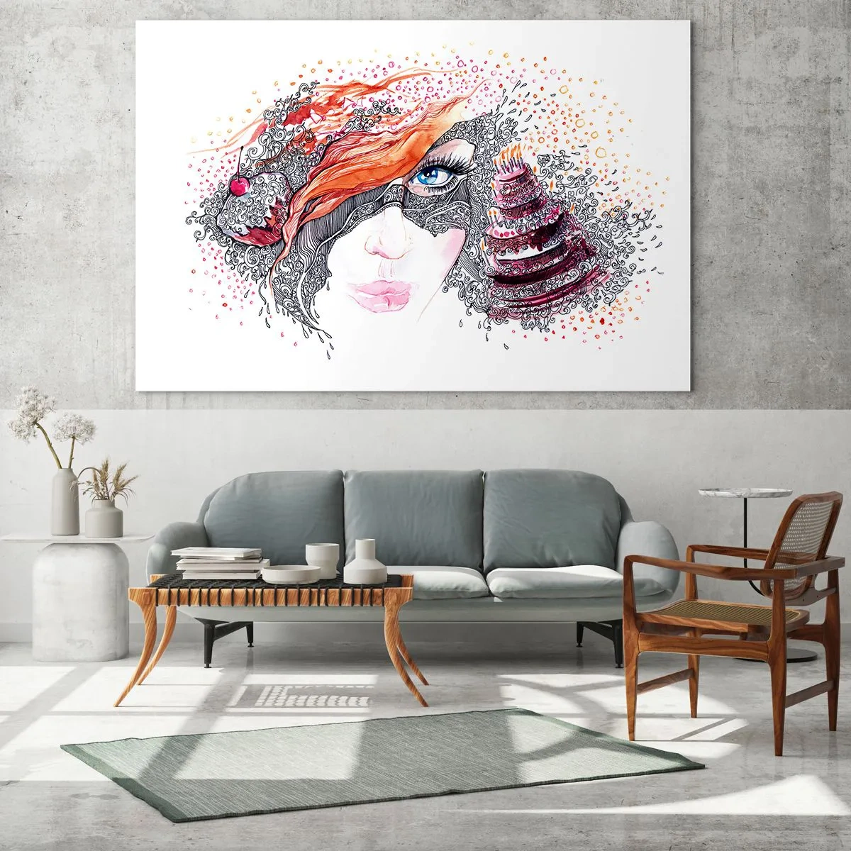 Quadro su vetro - Ritratto di donna con motivi dinamici e accenti rossi - 70x50cm - Con lei ogni giorno è festa - Decorazione murale moderna per soggiorno e camera da letto ARTTOR