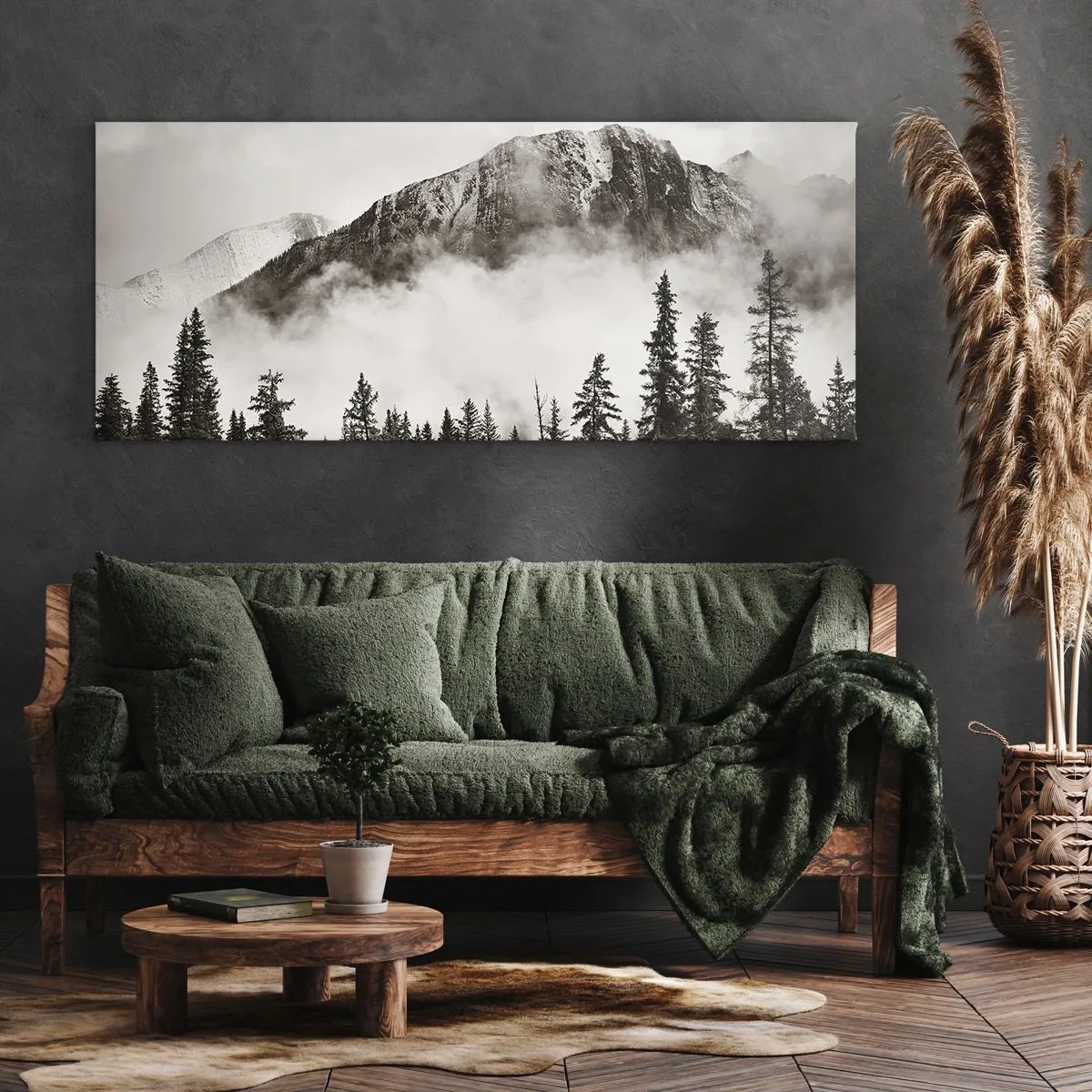 Quadro su tela - Stampe su Tela - Una pittoresca cima di montagna circondata dalla nebbia e da una foresta color seppia - 140x50cm - Il sovrano di granito - Decorazione murale moderna per soggiorno e camera da letto ARTTOR