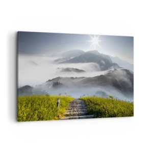 Quadro su tela - Stampe su Tela - Scale di pietra che salgono attraverso le montagne avvolte nella nebbia mattutina - 120x80cm - Sempre in alto verso le nuvole - Decorazione murale moderna per soggiorno e camera da letto ARTTOR