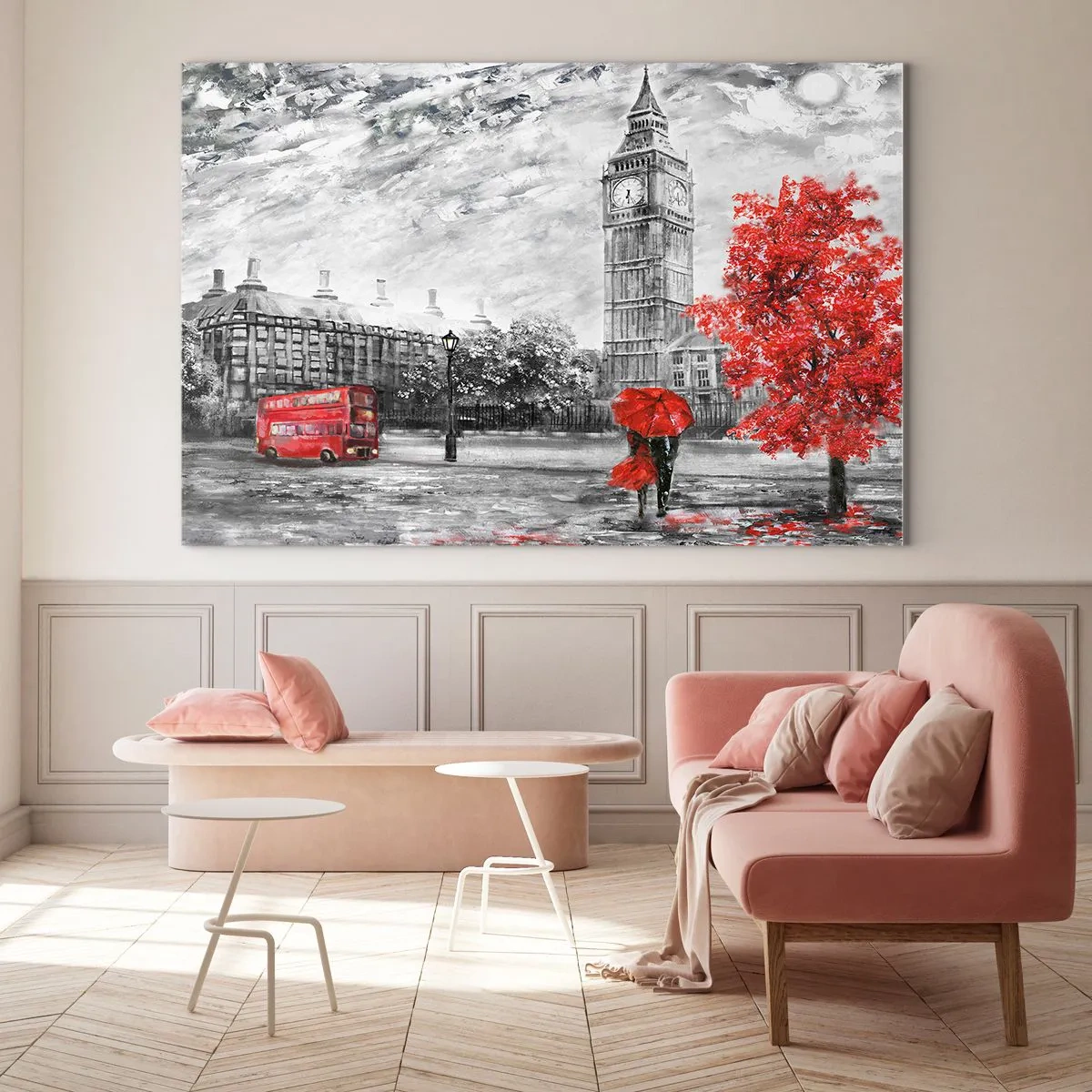 Quadro su vetro - Il Big Ben con un autobus rosso e un ombrello sullo sfondo di alberi autunnali - 120x80cm - Un giorno eccitante - Decorazione murale moderna per soggiorno e camera da letto ARTTOR