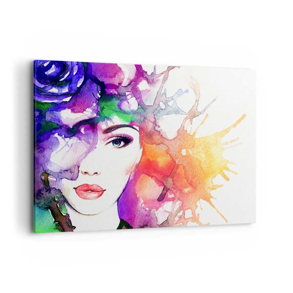 Quadro su tela - Stampe su Tela - Ritratto di una donna in colori acquerellati con macchie astratte - 100x70cm - Con la testa tra le nuvole - Decorazione murale moderna per soggiorno e camera da letto ARTTOR