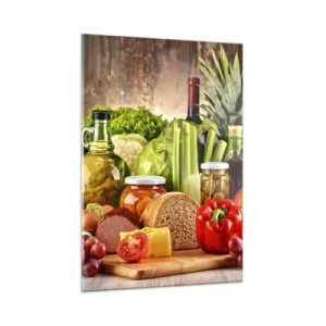 Quadro su vetro - Verdure colorate, frutta, pane e conserve su uno sfondo di legno - 50x70cm - Affumicati, arrostiti, marinati - Decorazione murale moderna per soggiorno e camera da letto ARTTOR