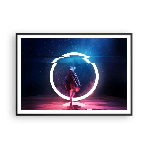Poster in cornice nera - Un personaggio in un ambiente futuristico con un cerchio al neon - 100x70cm - Tra due mondi - Decorazione murale moderna per soggiorno e camera da letto ARTTOR